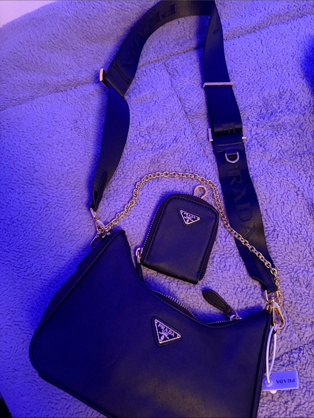 Prada Black Nylon Crossbody Bag with Gold Chain & Coin Pouch